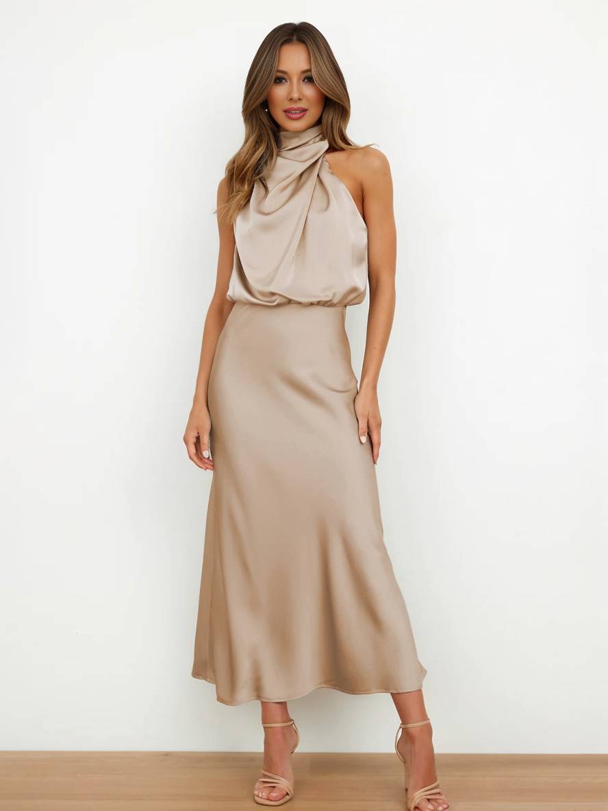 Lange Satin Brautjungfernkleid Unregelmäßiger Rollkragen Halsband Ärmless Elegant Abendkleid für Hochzeit