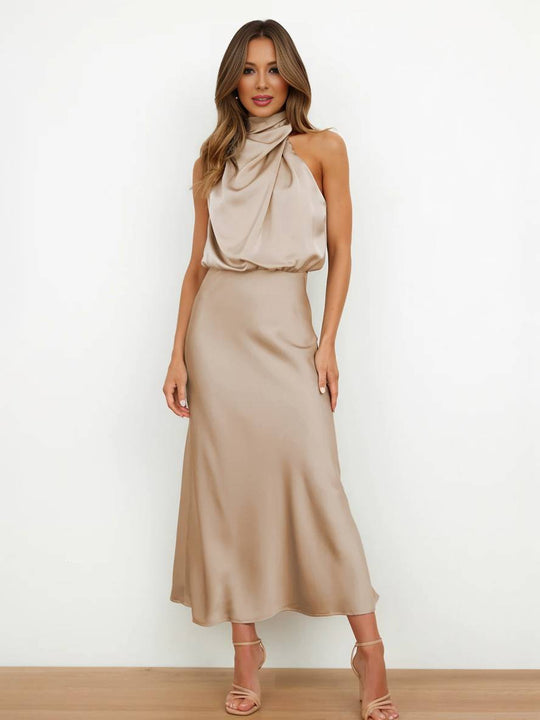 Lange Satin Brautjungfernkleid Unregelmäßiger Rollkragen Halsband Ärmless Elegant Abendkleid für Hochzeit