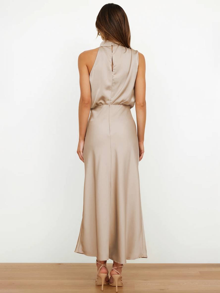 Lange Satin Brautjungfernkleid Unregelmäßiger Rollkragen Halsband Ärmless Elegant Abendkleid für Hochzeit