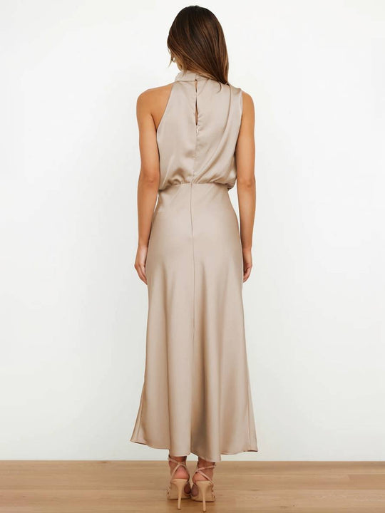 Lange Satin Brautjungfernkleid Unregelmäßiger Rollkragen Halsband Ärmless Elegant Abendkleid für Hochzeit