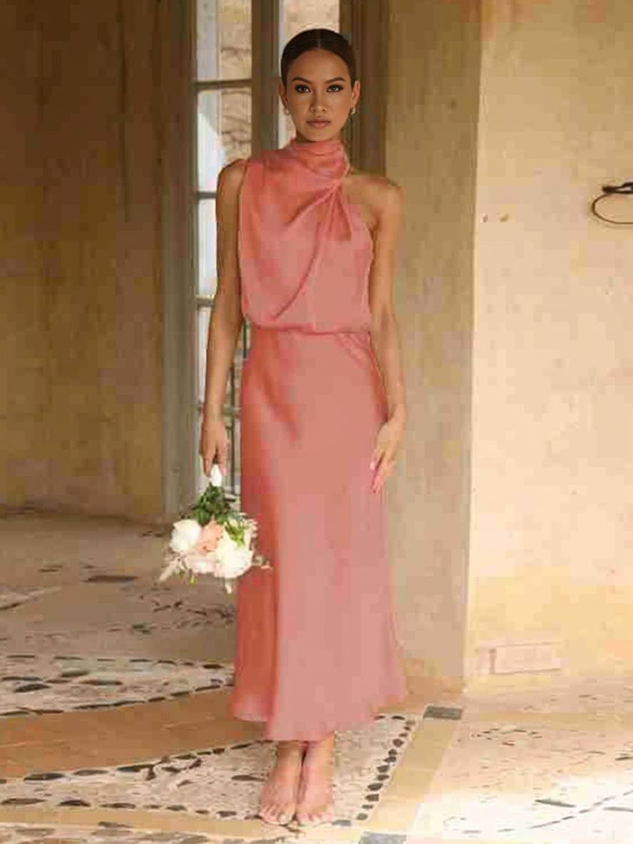 Lange Satin Brautjungfernkleid Unregelmäßiger Rollkragen Halsband Ärmless Elegant Abendkleid für Hochzeit