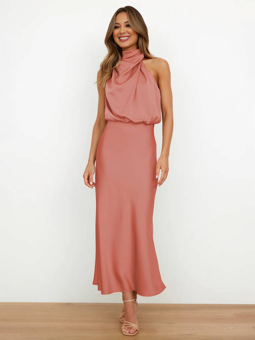 Lange Satin Brautjungfernkleid Unregelmäßiger Rollkragen Halsband Ärmless Elegant Abendkleid für Hochzeit