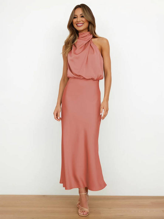 Lange Satin Brautjungfernkleid Unregelmäßiger Rollkragen Halsband Ärmless Elegant Abendkleid für Hochzeit