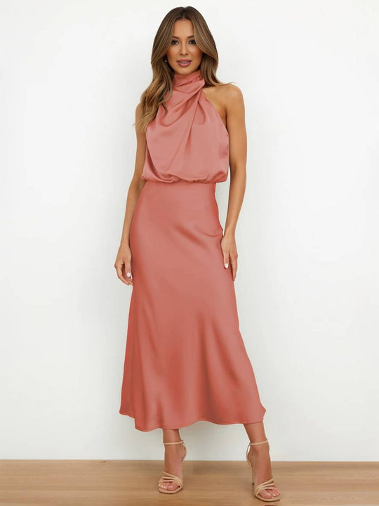 Lange Satin Brautjungfernkleid Unregelmäßiger Rollkragen Halsband Ärmless Elegant Abendkleid für Hochzeit