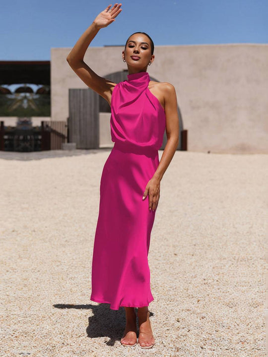 Lange Satin Brautjungfernkleid Unregelmäßiger Rollkragen Halsband Ärmless Elegant Abendkleid für Hochzeit