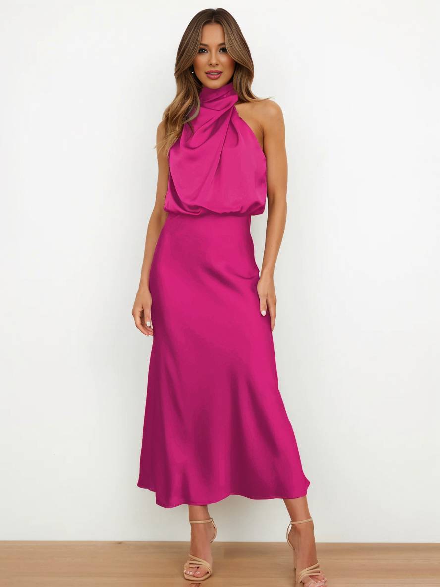 Lange Satin Brautjungfernkleid Unregelmäßiger Rollkragen Halsband Ärmless Elegant Abendkleid für Hochzeit