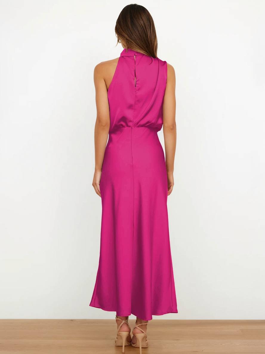 Lange Satin Brautjungfernkleid Unregelmäßiger Rollkragen Halsband Ärmless Elegant Abendkleid für Hochzeit