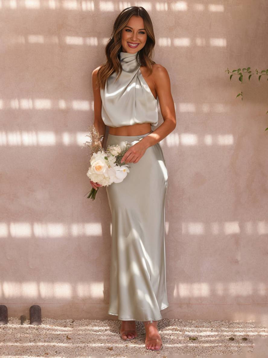 Kleid Gäste Hochzeit Damen Halter Ärmellos Damen Elegante Abend Zweiteilige Brautjungfernkleid