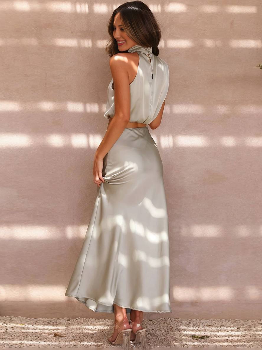 Kleid Gäste Hochzeit Damen Halter Ärmellos Damen Elegante Abend Zweiteilige Brautjungfernkleid