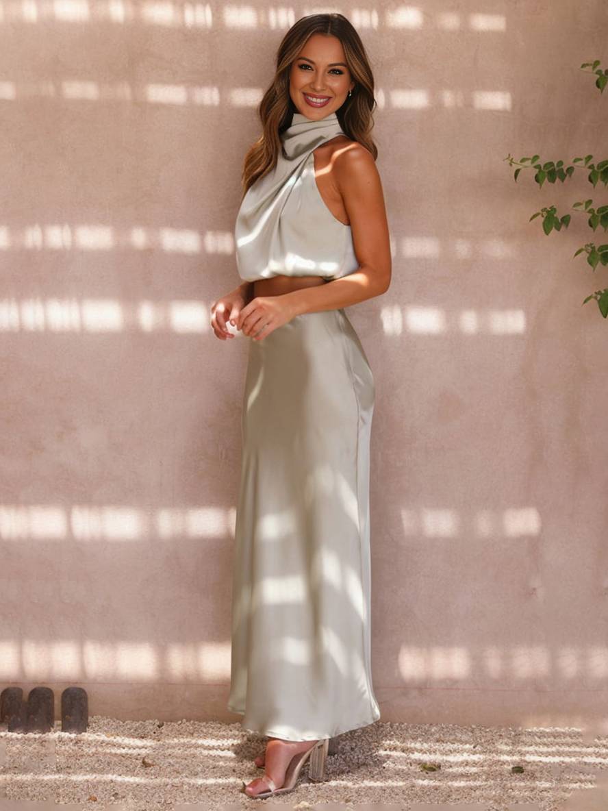 Kleid Gäste Hochzeit Damen Halter Ärmellos Damen Elegante Abend Zweiteilige Brautjungfernkleid
