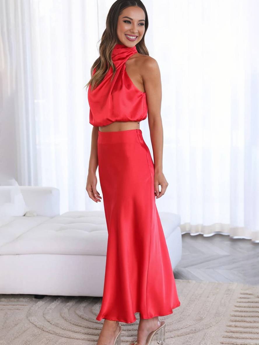 Kleid Gäste Hochzeit Damen Halter Ärmellos Damen Elegante Abend Zweiteilige Brautjungfernkleid