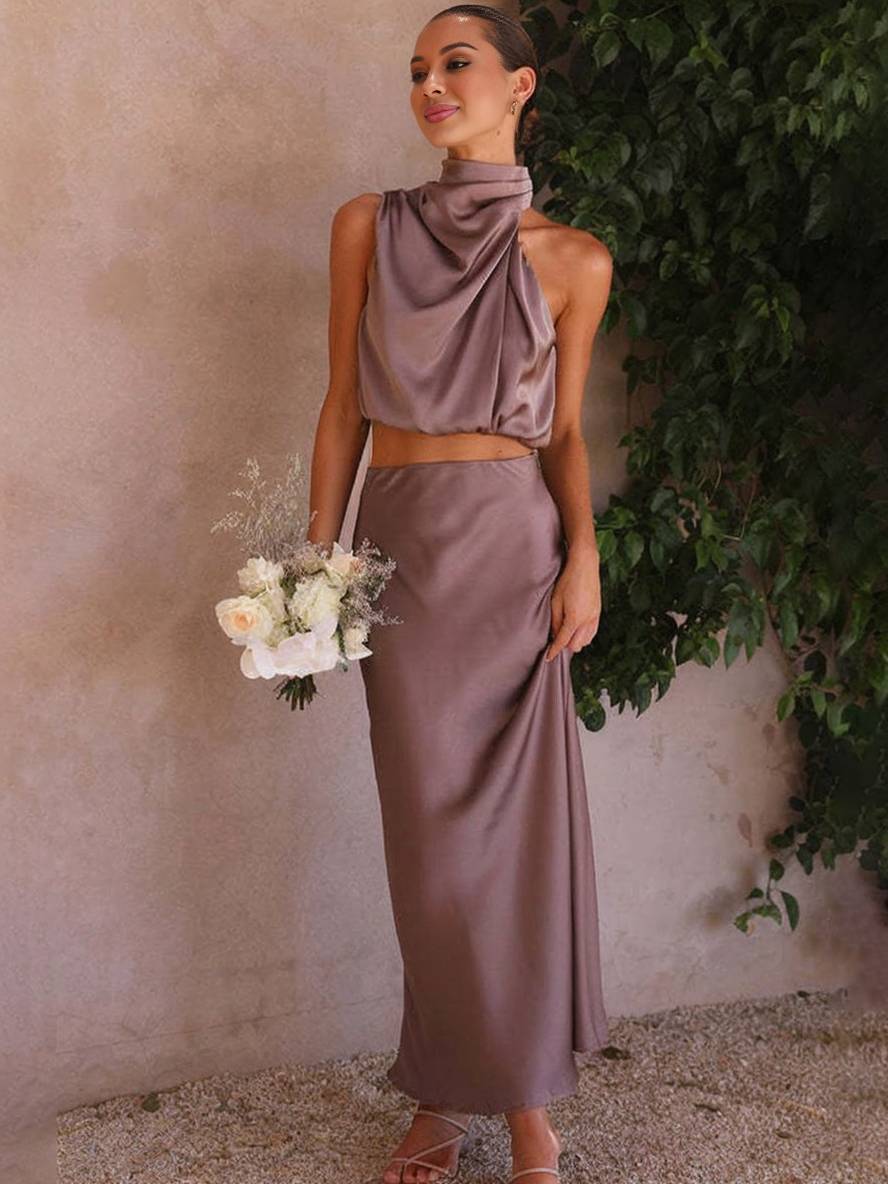 Kleid Gäste Hochzeit Damen Halter Ärmellos Damen Elegante Abend Zweiteilige Brautjungfernkleid