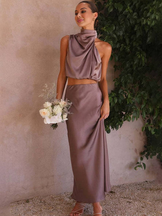 Kleid Gäste Hochzeit Damen Halter Ärmellos Damen Elegante Abend Zweiteilige Brautjungfernkleid