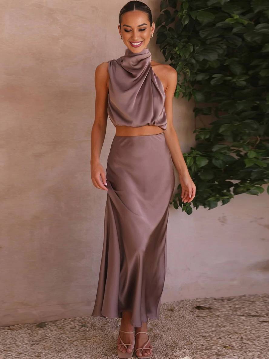 Kleid Gäste Hochzeit Damen Halter Ärmellos Damen Elegante Abend Zweiteilige Brautjungfernkleid