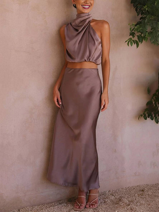 Kleid Gäste Hochzeit Damen Halter Ärmellos Damen Elegante Abend Zweiteilige Brautjungfernkleid