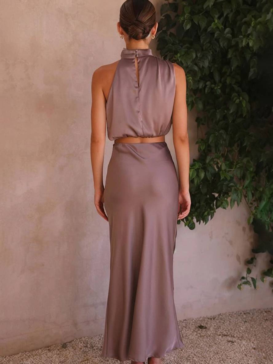 Kleid Gäste Hochzeit Damen Halter Ärmellos Damen Elegante Abend Zweiteilige Brautjungfernkleid