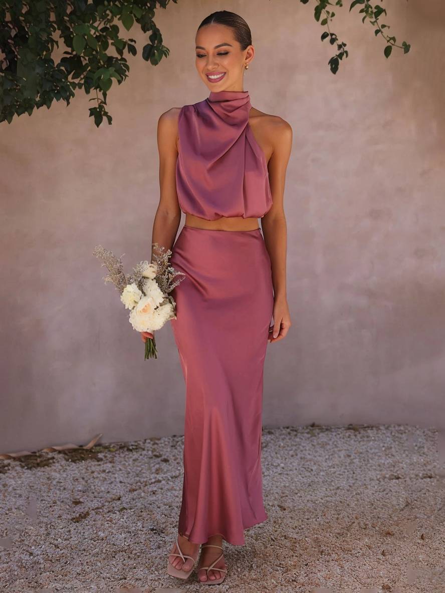 Kleid Gäste Hochzeit Damen Halter Ärmellos Damen Elegante Abend Zweiteilige Brautjungfernkleid