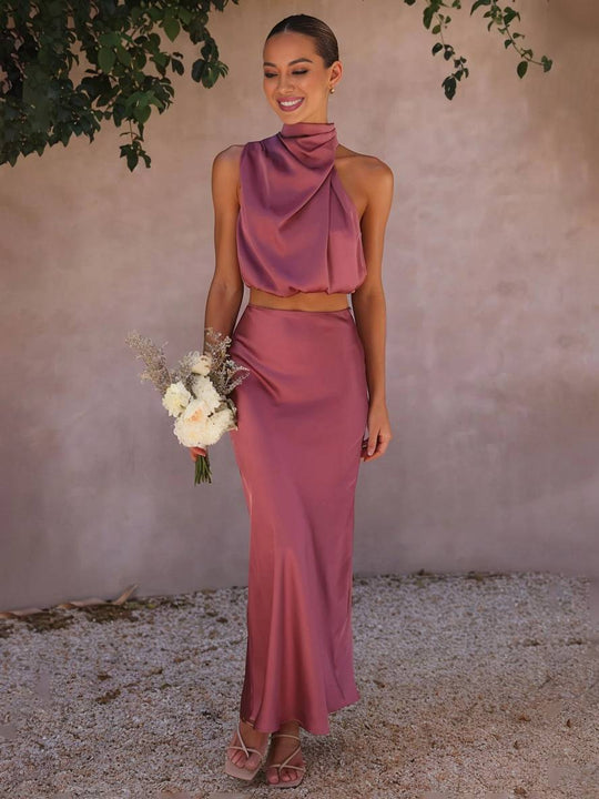 Kleid Gäste Hochzeit Damen Halter Ärmellos Damen Elegante Abend Zweiteilige Brautjungfernkleid