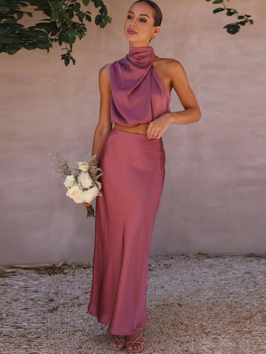 Kleid Gäste Hochzeit Damen Halter Ärmellos Damen Elegante Abend Zweiteilige Brautjungfernkleid