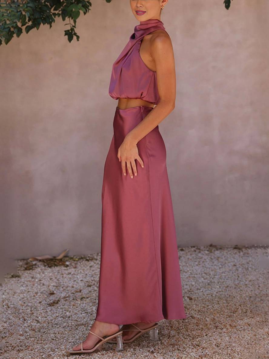 Kleid Gäste Hochzeit Damen Halter Ärmellos Damen Elegante Abend Zweiteilige Brautjungfernkleid