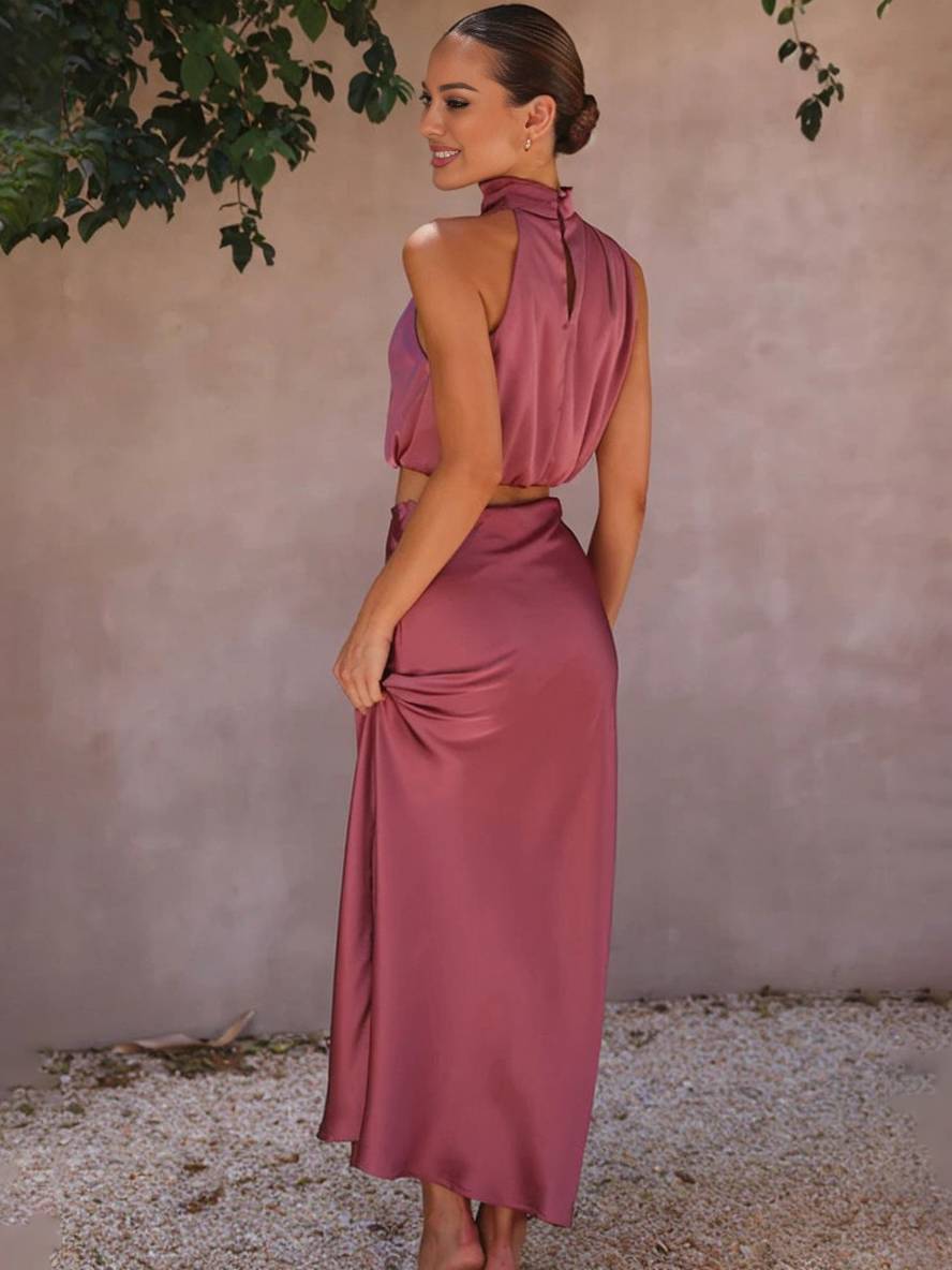 Kleid Gäste Hochzeit Damen Halter Ärmellos Damen Elegante Abend Zweiteilige Brautjungfernkleid