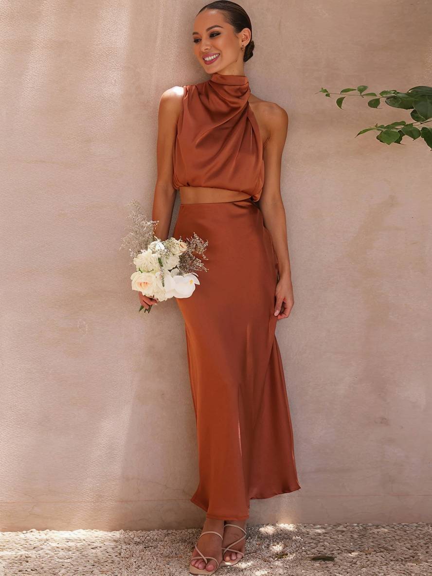 Kleid Gäste Hochzeit Damen Halter Ärmellos Damen Elegante Abend Zweiteilige Brautjungfernkleid
