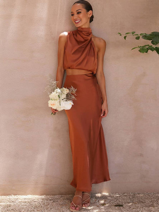 Kleid Gäste Hochzeit Damen Halter Ärmellos Damen Elegante Abend Zweiteilige Brautjungfernkleid