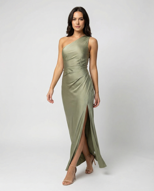 Kleid Brautjungfer aus Satin Eng mit Schlitz An Der Seite Eine Schulter Ohne Ärmel Elegantes Abendkleid für Hochzeit