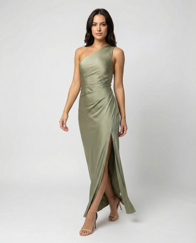 Kleid Brautjungfer aus Satin Eng mit Schlitz An Der Seite Eine Schulter Ohne Ärmel Elegantes Abendkleid für Hochzeit