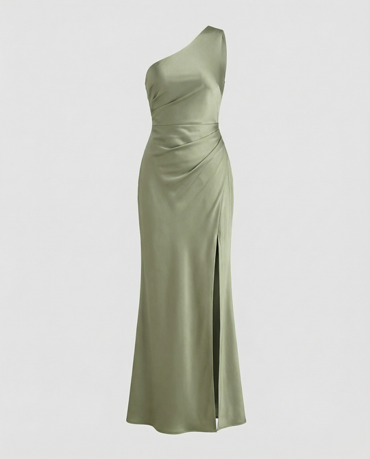 Kleid Brautjungfer aus Satin Eng mit Schlitz An Der Seite Eine Schulter Ohne Ärmel Elegantes Abendkleid für Hochzeit