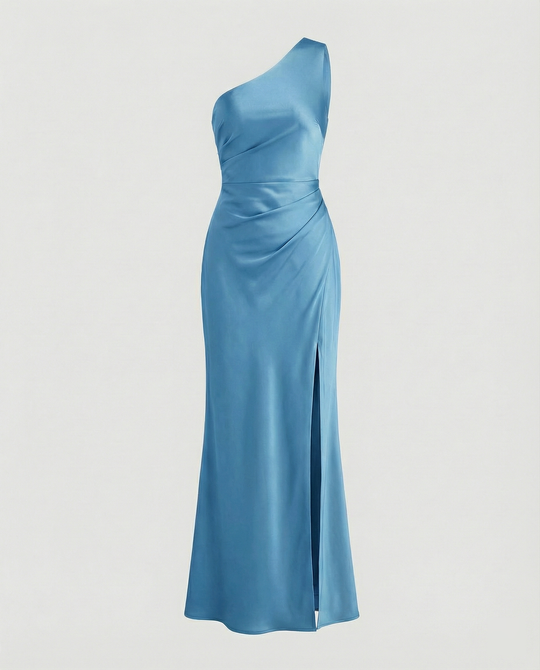 Kleid Brautjungfer aus Satin Eng mit Schlitz An Der Seite Eine Schulter Ohne Ärmel Elegantes Abendkleid für Hochzeit