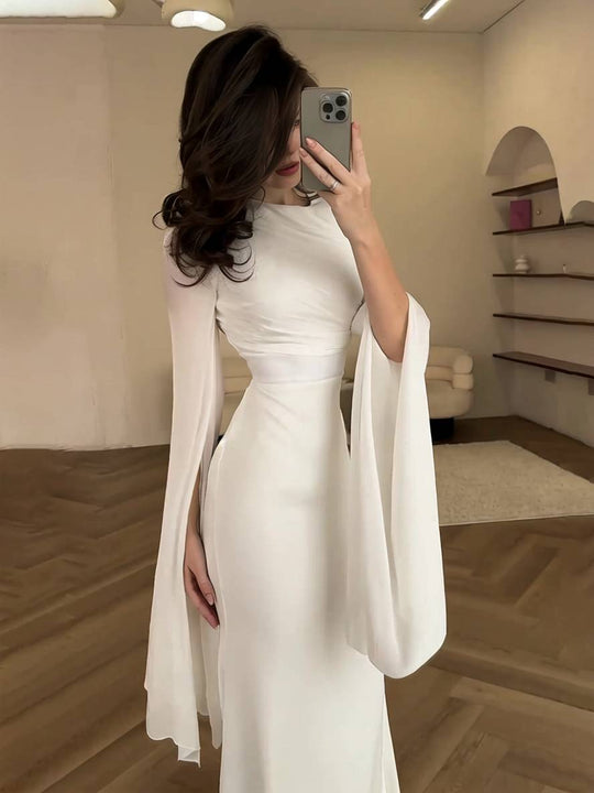 Langes Satin Kleid Enger Runder Ausschnitt Gesplittete Ärmel Lange Ärmel Damen Elegant Abend Ball Prom Zeremonie