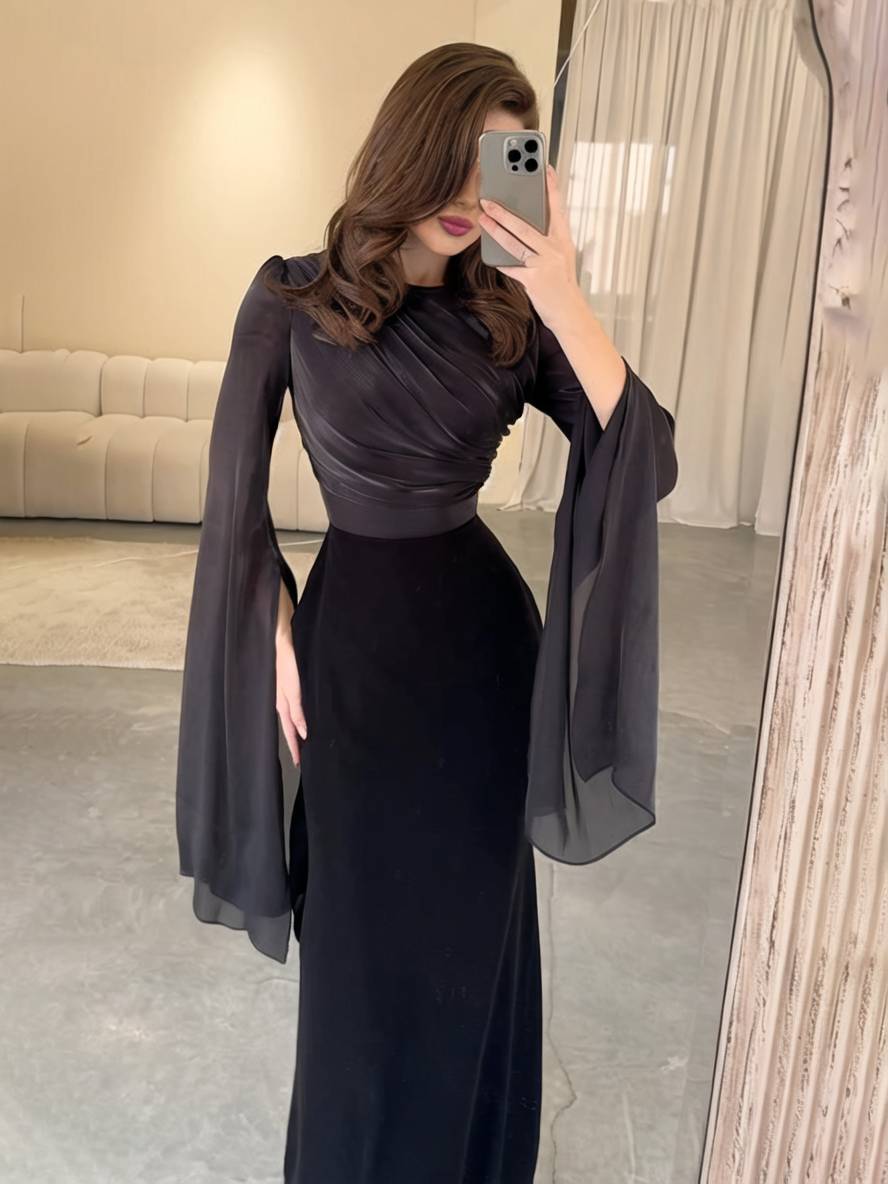 Langes Satin Kleid Enger Runder Ausschnitt Gesplittete Ärmel Lange Ärmel Damen Elegant Abend Ball Prom Zeremonie
