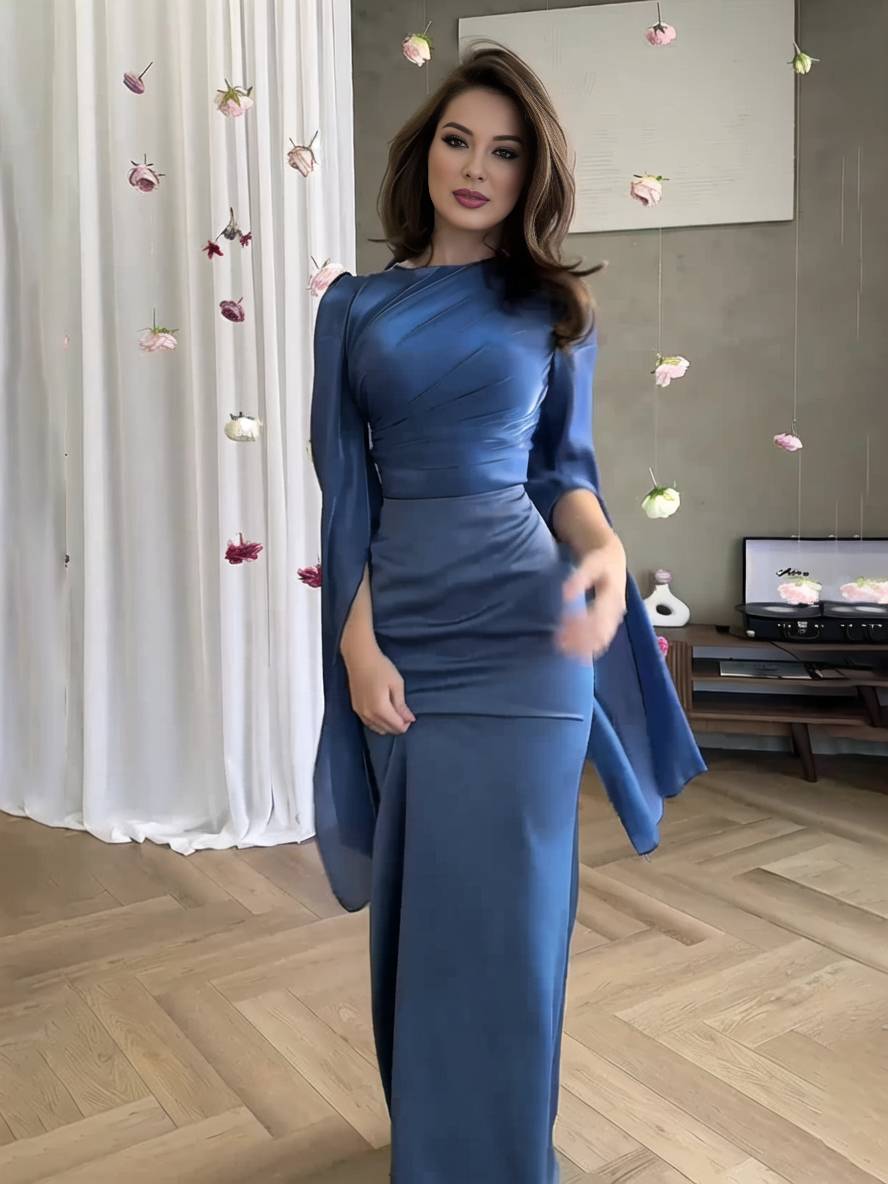 Langes Satin Kleid Enger Runder Ausschnitt Gesplittete Ärmel Lange Ärmel Damen Elegant Abend Ball Prom Zeremonie