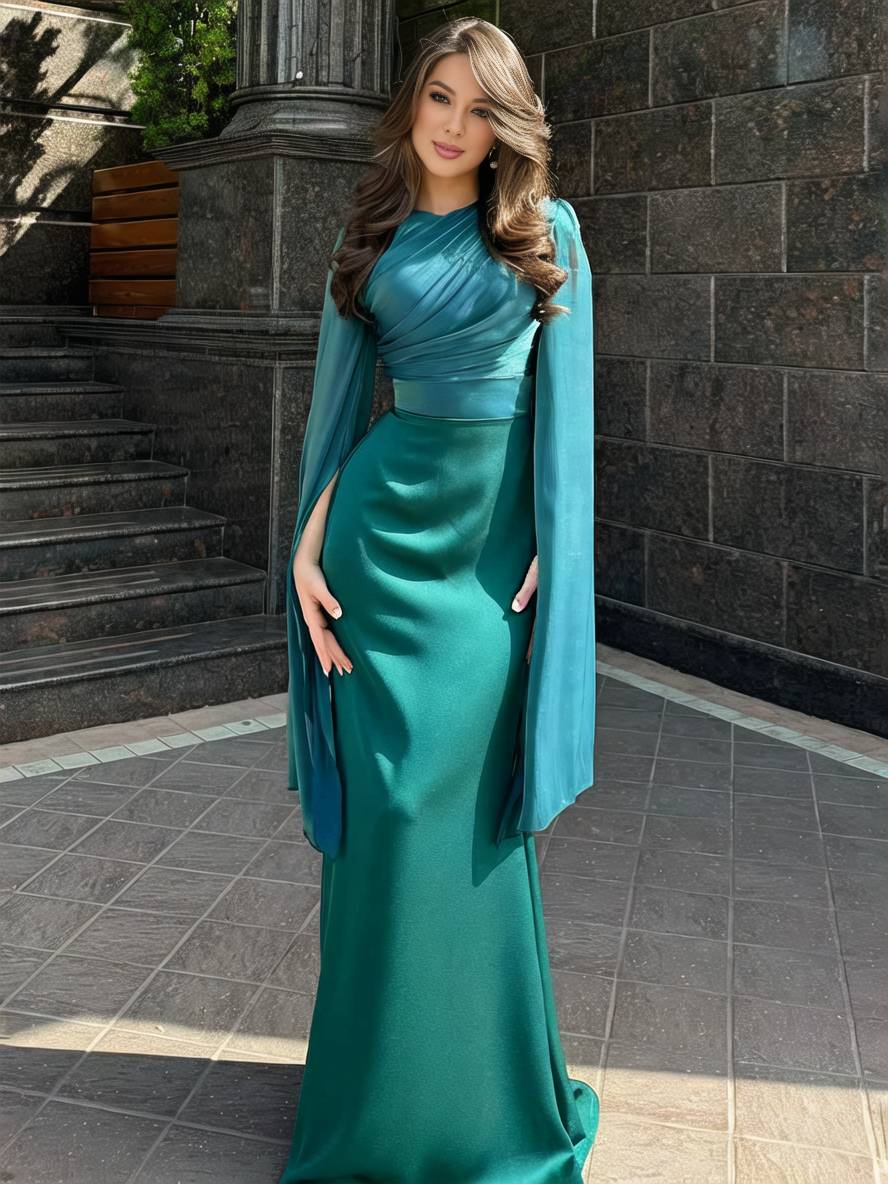 Langes Satin Kleid Enger Runder Ausschnitt Gesplittete Ärmel Lange Ärmel Damen Elegant Abend Ball Prom Zeremonie