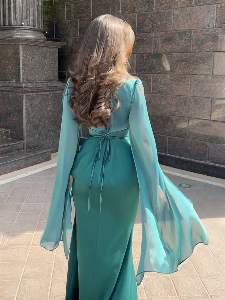 Langes Satin Kleid Enger Runder Ausschnitt Gesplittete Ärmel Lange Ärmel Damen Elegant Abend Ball Prom Zeremonie