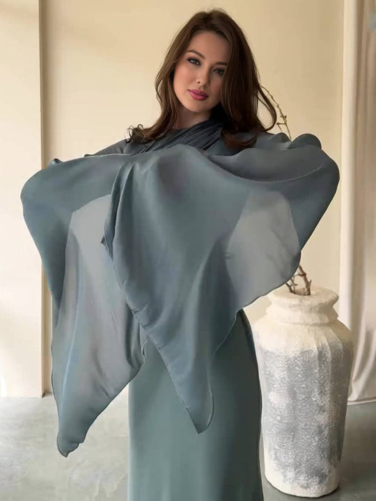Langes Satin Kleid Enger Runder Ausschnitt Gesplittete Ärmel Lange Ärmel Damen Elegant Abend Ball Prom Zeremonie