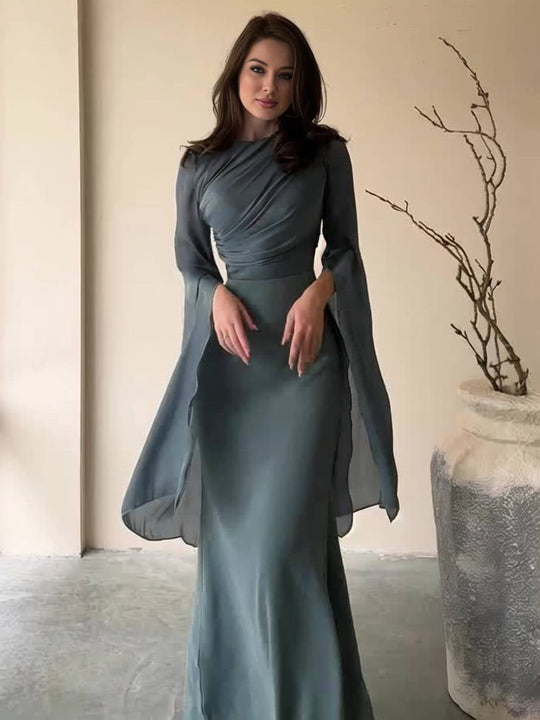 Langes Satin Kleid Enger Runder Ausschnitt Gesplittete Ärmel Lange Ärmel Damen Elegant Abend Ball Prom Zeremonie