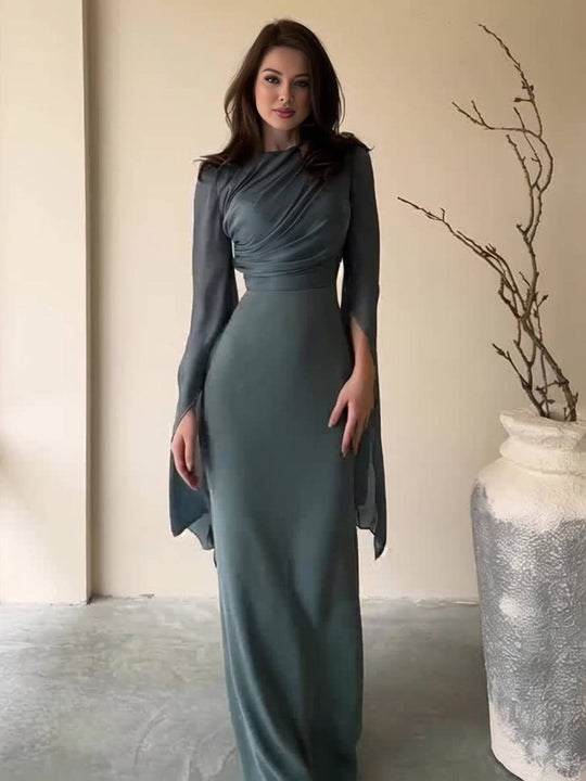 Langes Satin Kleid Enger Runder Ausschnitt Gesplittete Ärmel Lange Ärmel Damen Elegant Abend Ball Prom Zeremonie