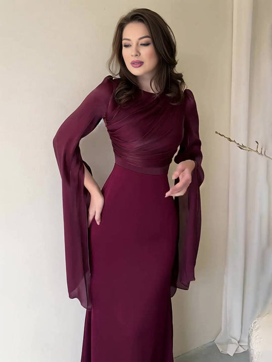 Langes Satin Kleid Enger Runder Ausschnitt Gesplittete Ärmel Lange Ärmel Damen Elegant Abend Ball Prom Zeremonie