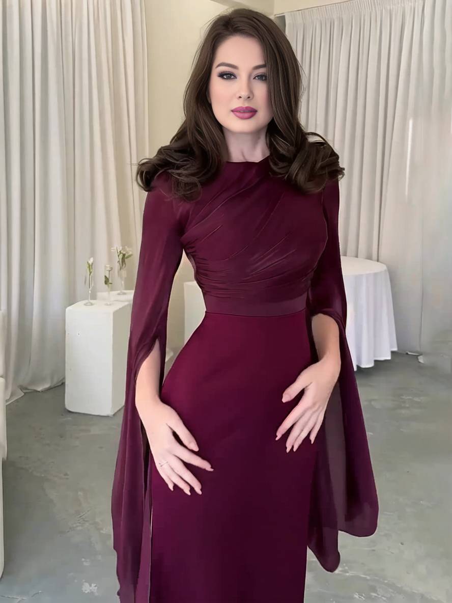 Langes Satin Kleid Enger Runder Ausschnitt Gesplittete Ärmel Lange Ärmel Damen Elegant Abend Ball Prom Zeremonie