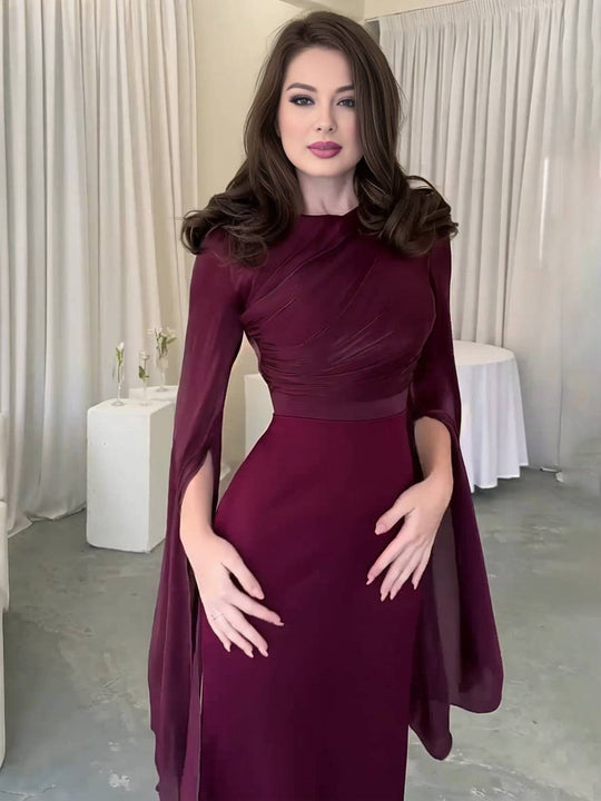 Langes Satin Kleid Enger Runder Ausschnitt Gesplittete Ärmel Lange Ärmel Damen Elegant Abend Ball Prom Zeremonie