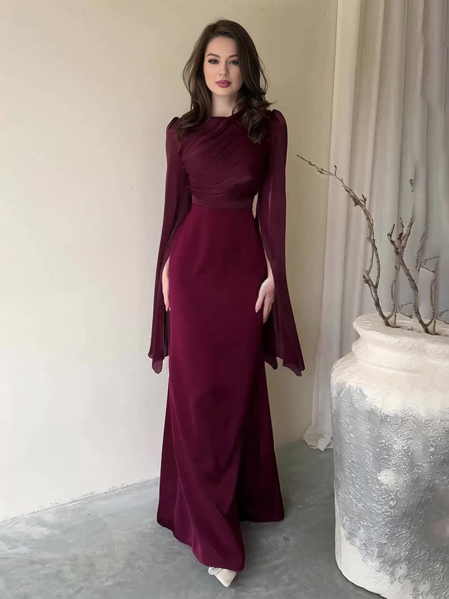 Langes Satin Kleid Enger Runder Ausschnitt Gesplittete Ärmel Lange Ärmel Damen Elegant Abend Ball Prom Zeremonie