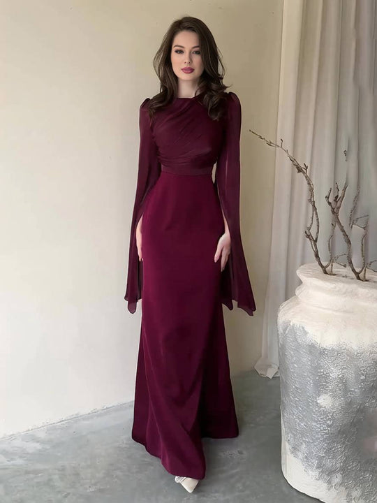 Langes Satin Kleid Enger Runder Ausschnitt Gesplittete Ärmel Lange Ärmel Damen Elegant Abend Ball Prom Zeremonie