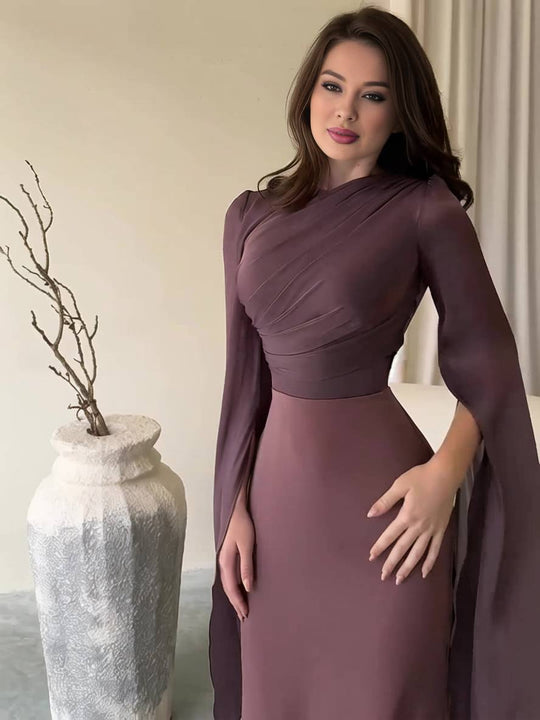 Langes Satin Kleid Enger Runder Ausschnitt Gesplittete Ärmel Lange Ärmel Damen Elegant Abend Ball Prom Zeremonie