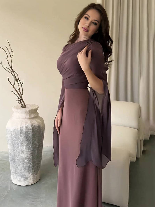 Langes Satin Kleid Enger Runder Ausschnitt Gesplittete Ärmel Lange Ärmel Damen Elegant Abend Ball Prom Zeremonie