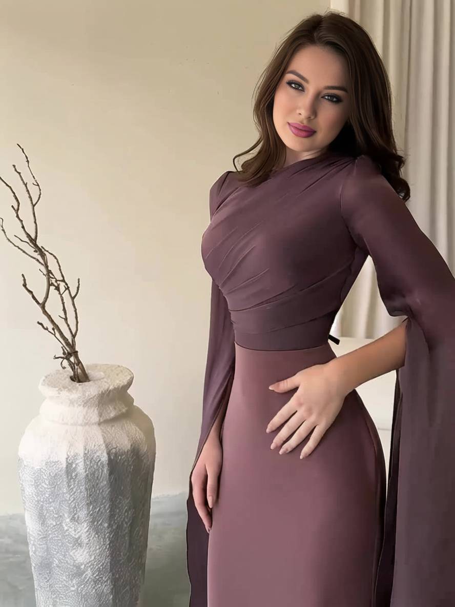 Langes Satin Kleid Enger Runder Ausschnitt Gesplittete Ärmel Lange Ärmel Damen Elegant Abend Ball Prom Zeremonie
