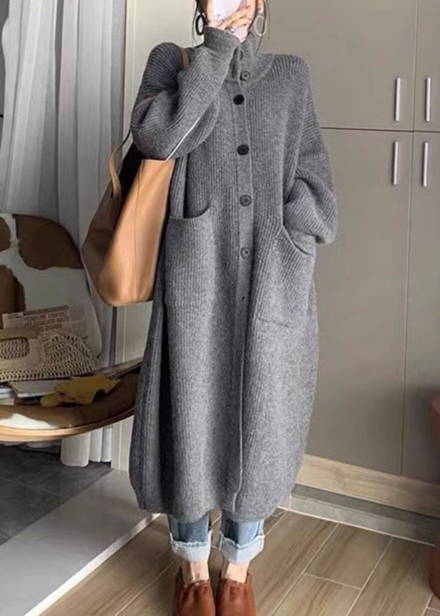 Damen Lange Strickjacke mit Kragen und Taschen