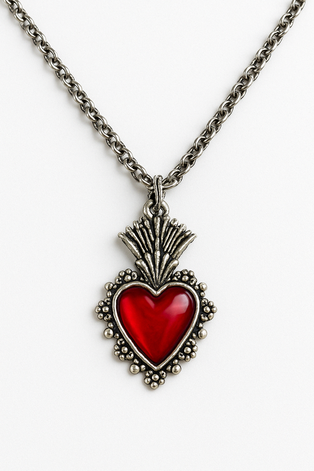 Large Silver Sacred Flaming Red Heart Charm Necklace | Shop Nory