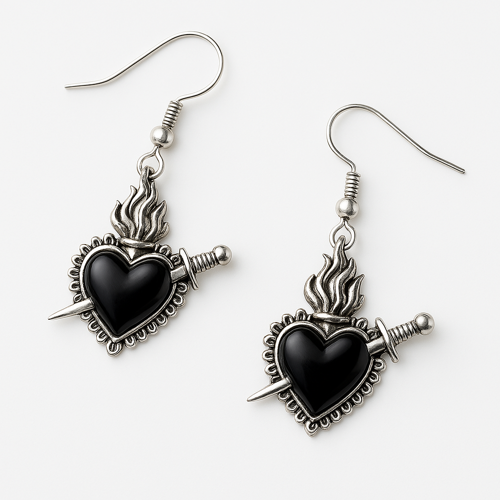 Silber Dagger Schwarzes Herz Charme Ohrringe | Shop Nory